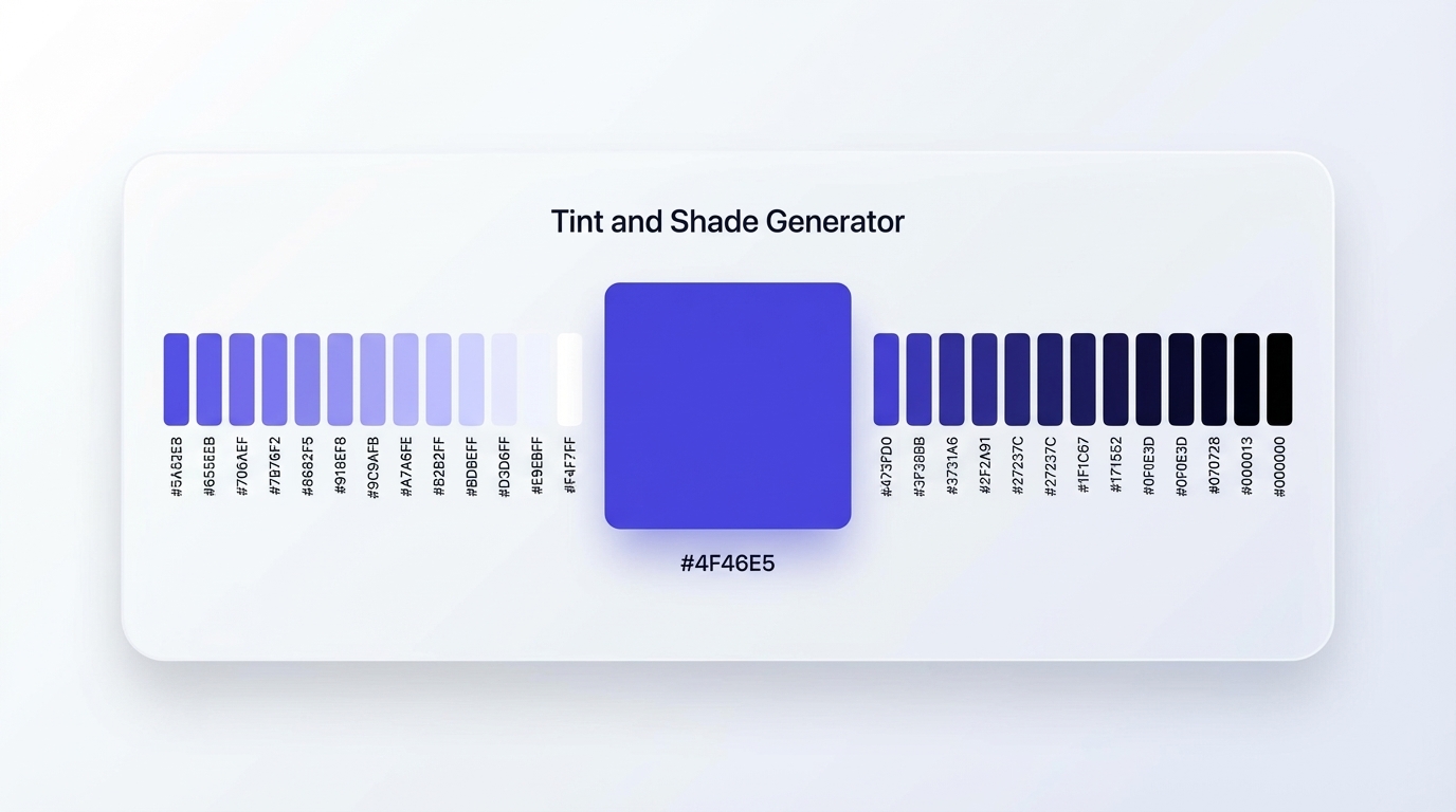 Inspo AI Tint and Shade Generator UI: 20 tints and 20 shades from a deep indigo base
