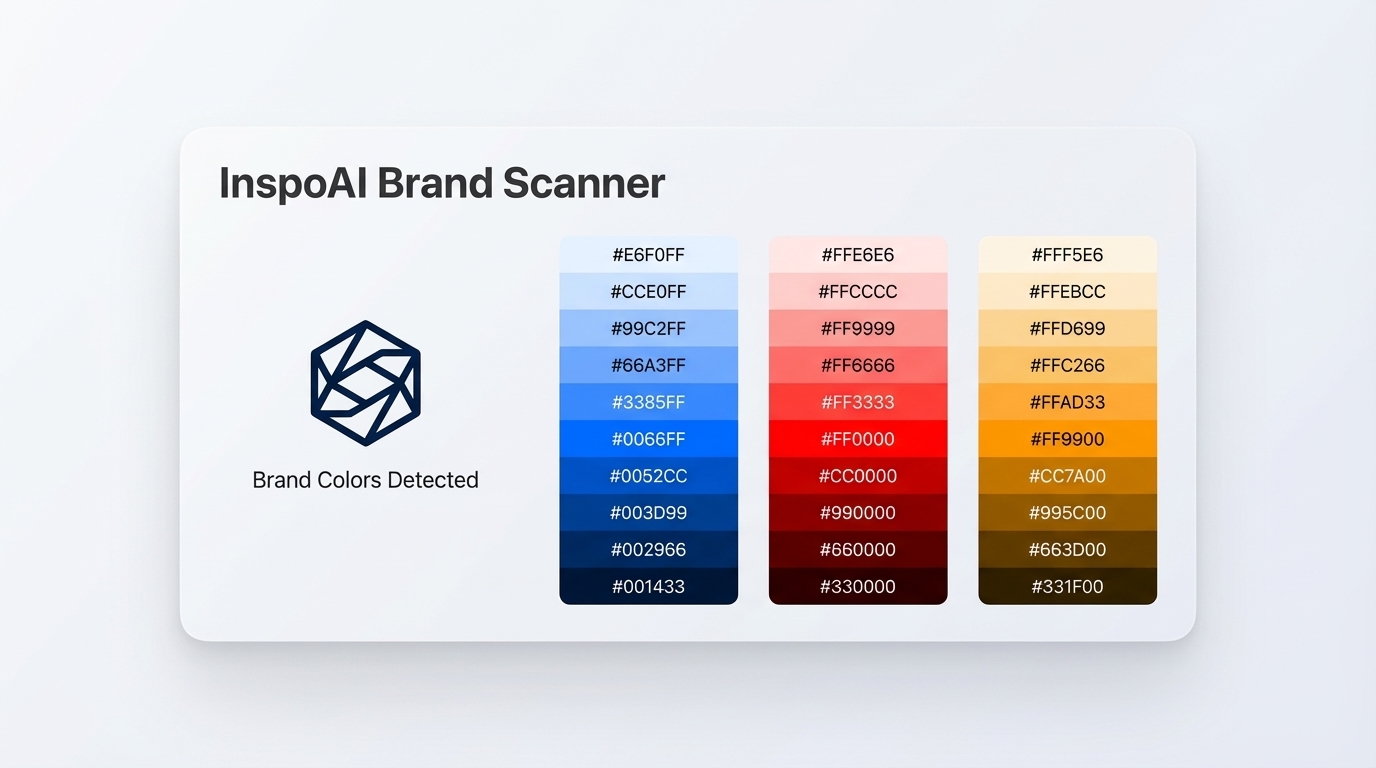 Inspo AI Brand Scanner: extracted tint and shade scales from detected brand colors