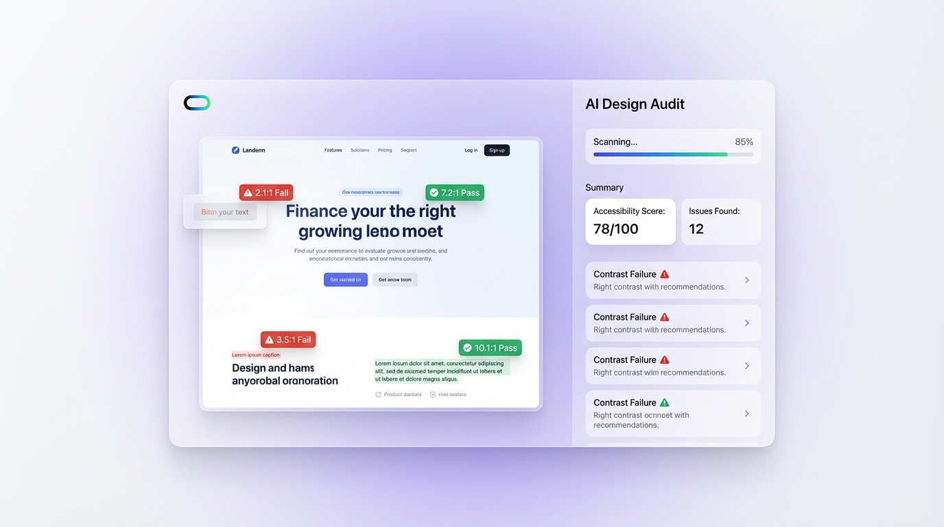 InspoAI Design Audit showing contrast ratio overlays on a UI with red Fail and green Pass badges