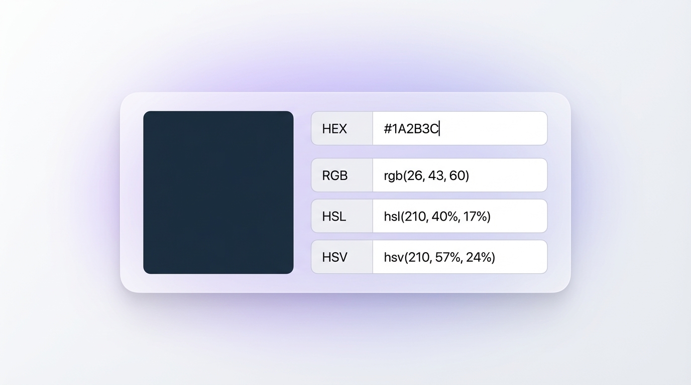 Inspo AI Color Converter UI showing HEX #1A2B3C converted to RGB, HSL, and HSV