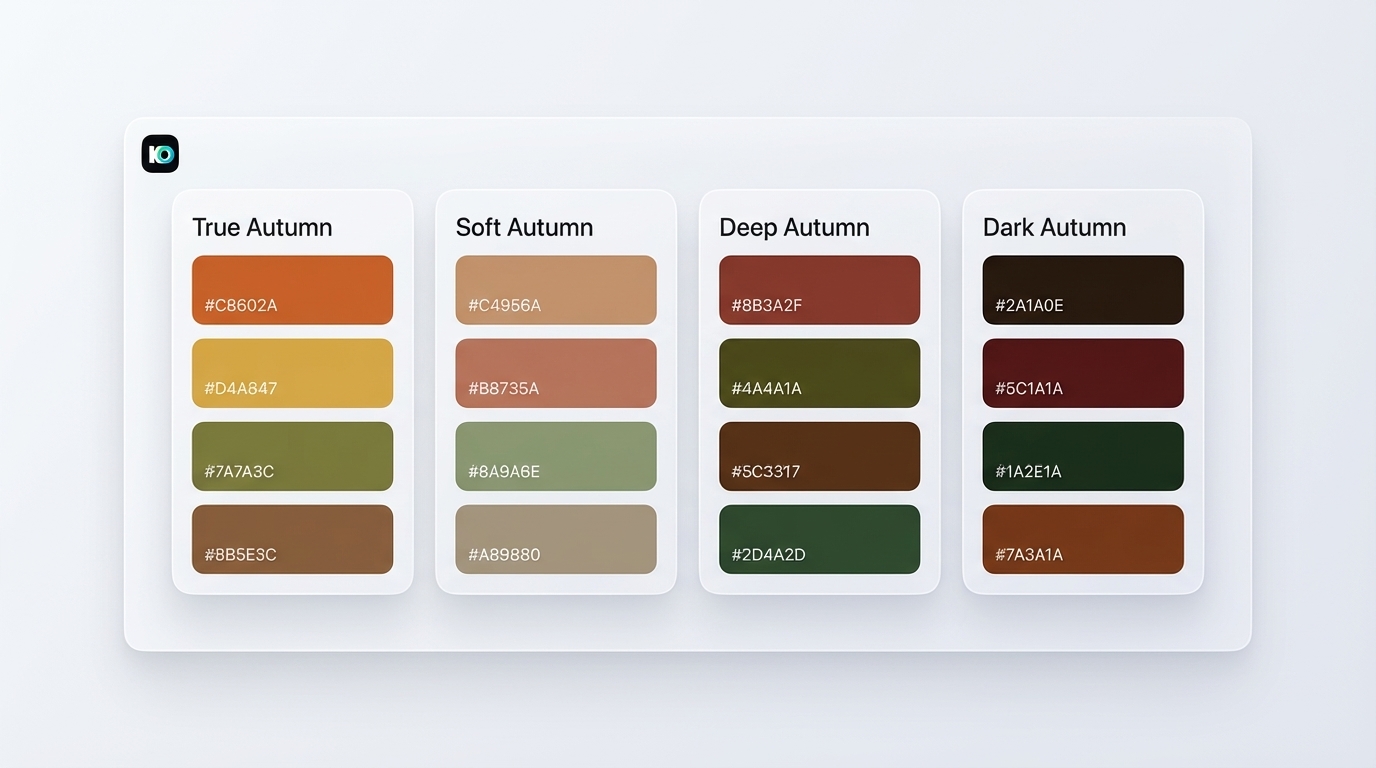 Inspo AI palette cards showing True Autumn, Soft Autumn, Deep Autumn, and Dark Autumn swatches