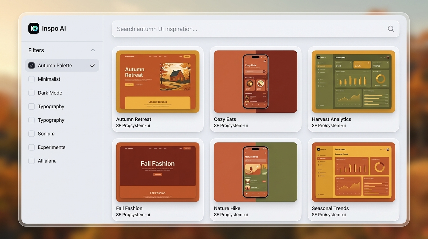 Inspo AI autumn design search interface showing warm earthy UI inspiration cards