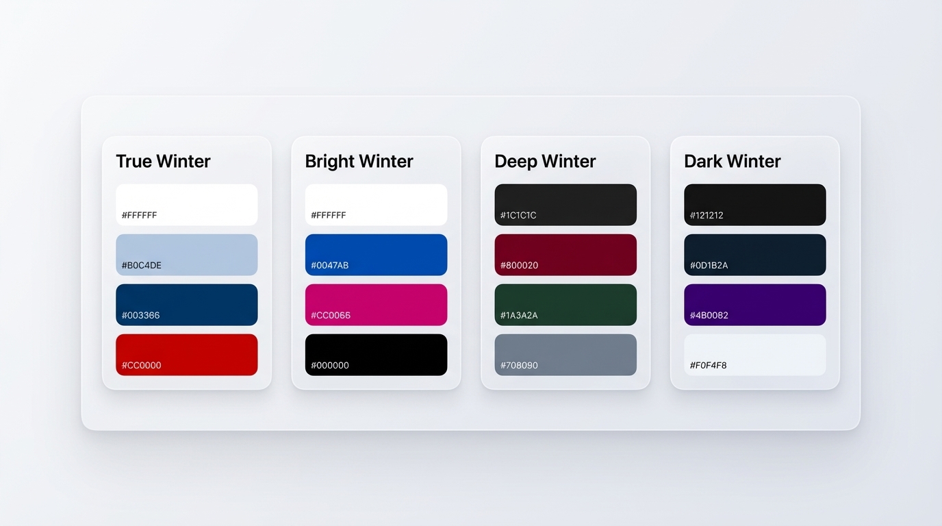 Inspo AI UI showing four winter sub-type palette cards: True Winter, Bright Winter, Deep Winter, Dark Winter