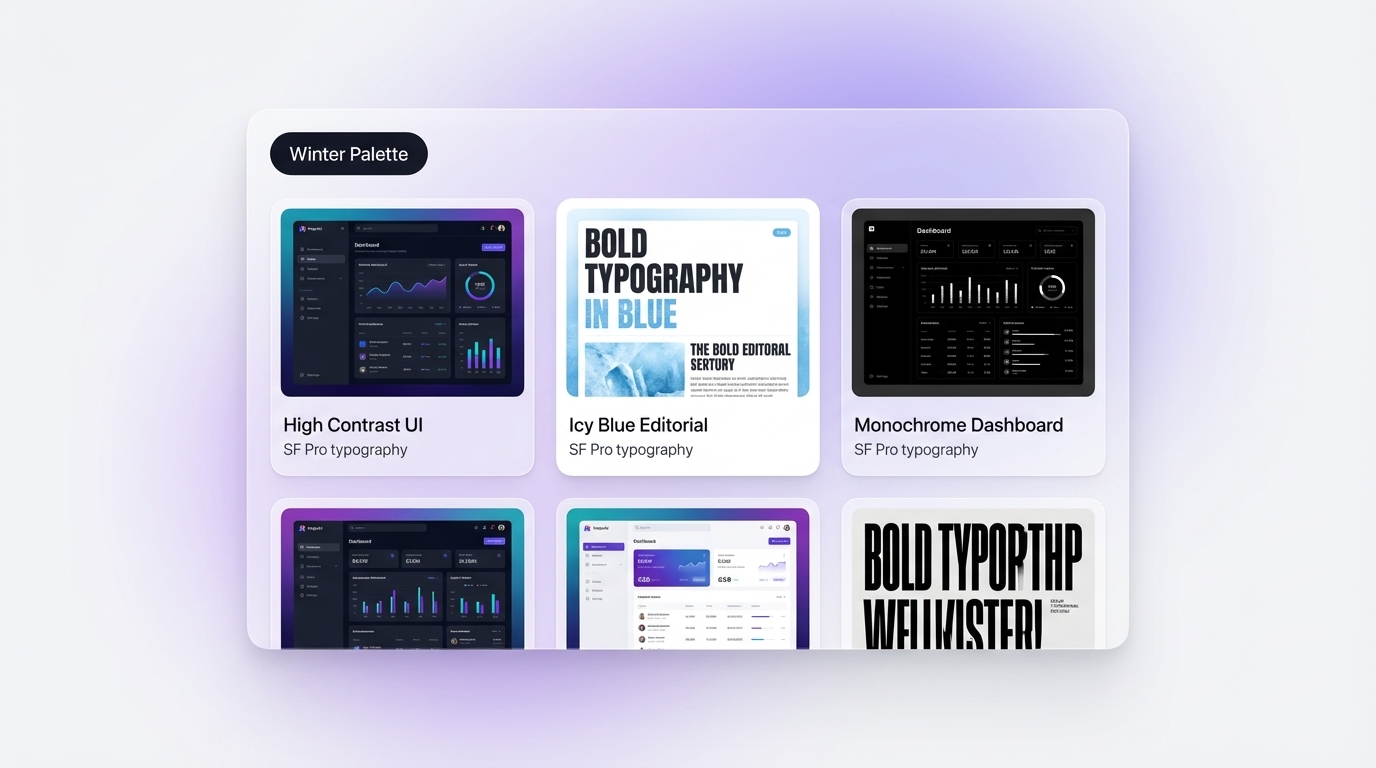 Inspo AI search panel with Winter Palette filter showing high-contrast UI design references