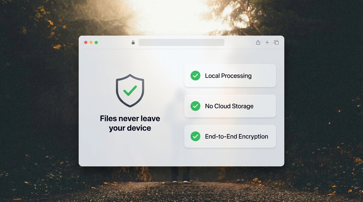 Browser-based SVG converter privacy UI showing local processing guarantee