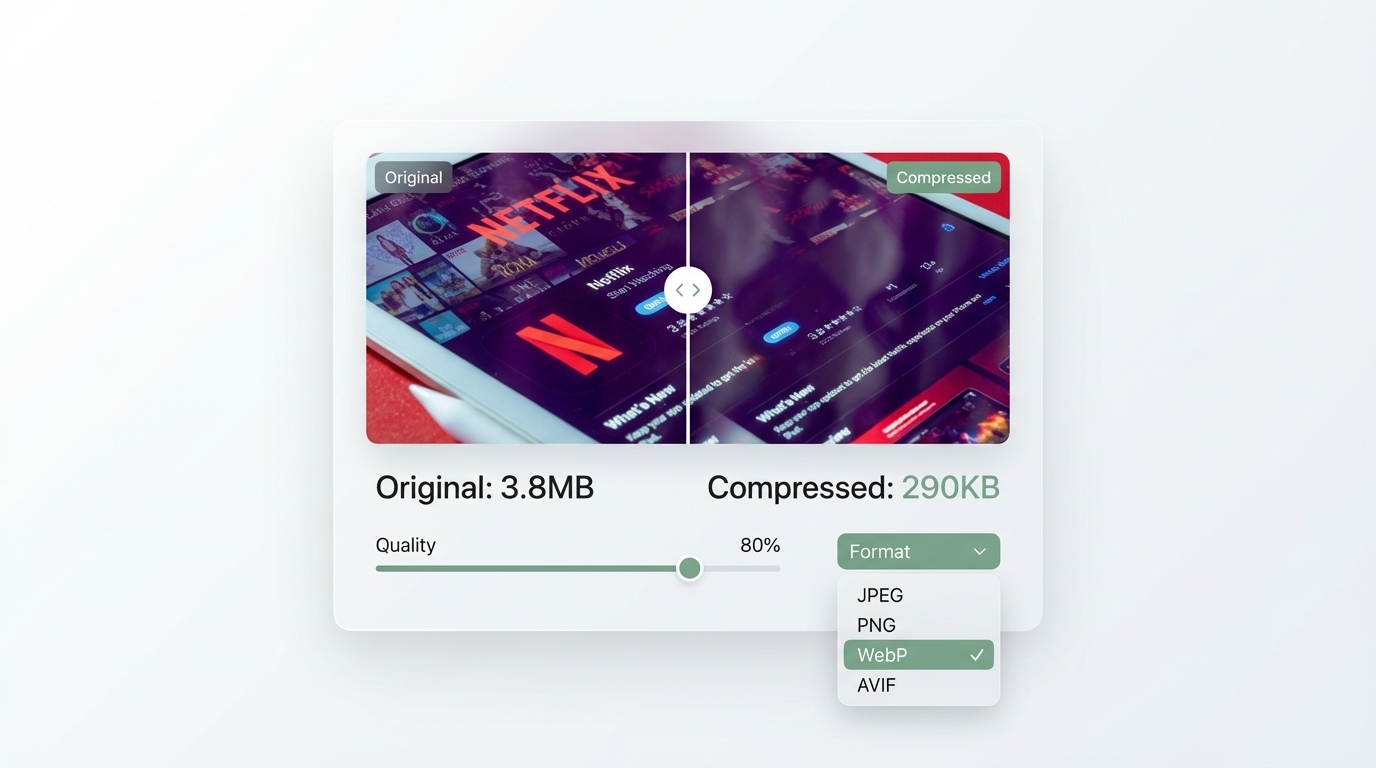 Image compressor UI showing before/after comparison with quality slider and format selector