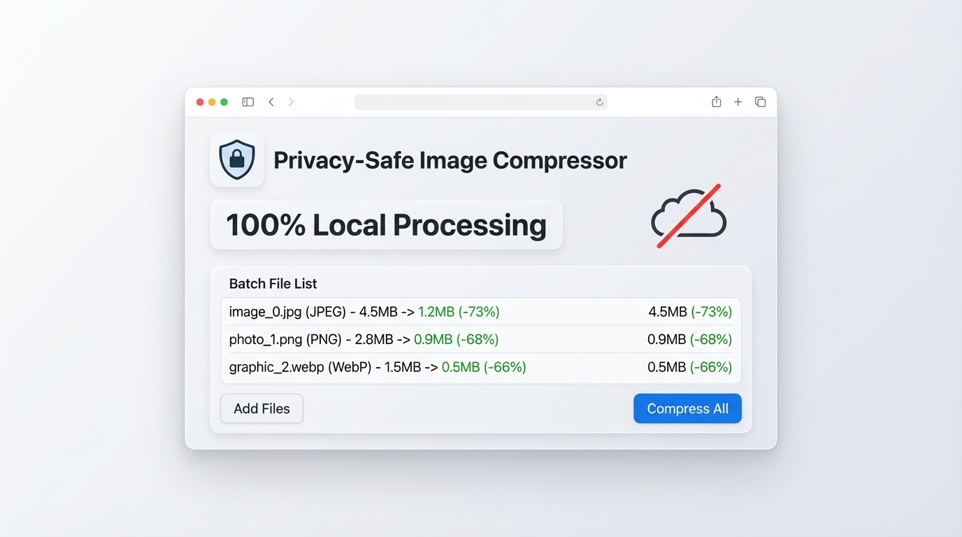 Browser-based image compressor showing local processing and privacy features