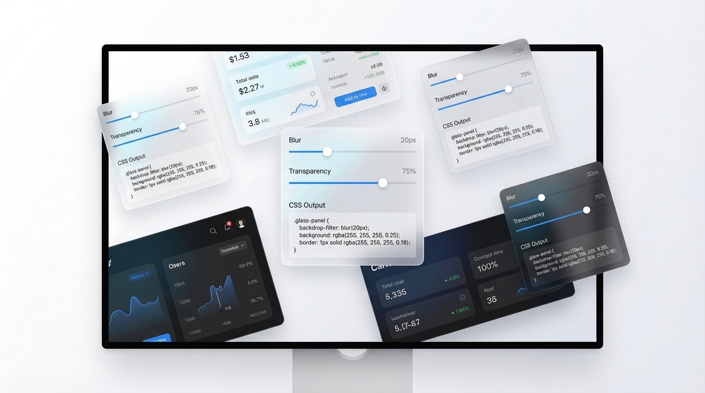 CSS code panel showing glassmorphism variants and backdrop-filter values