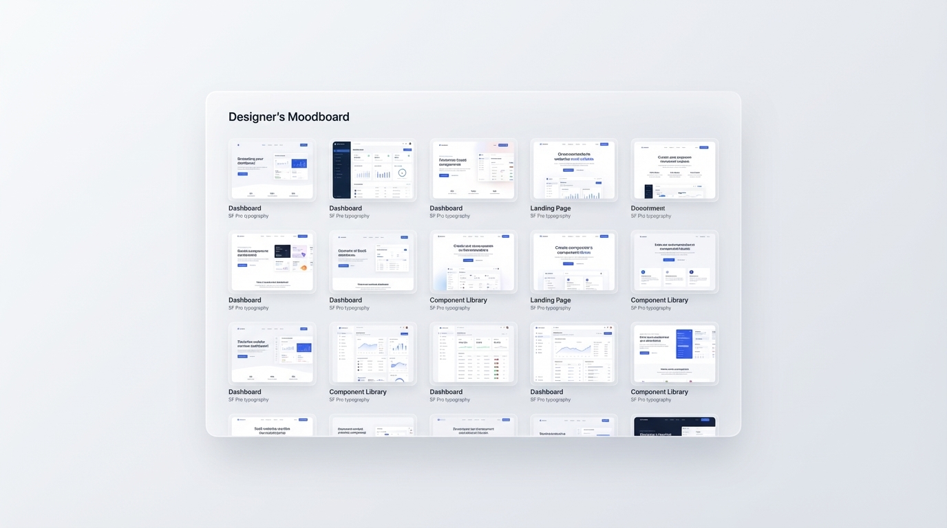 Designer moodboard showing saved website inspiration cards in an organized grid layout