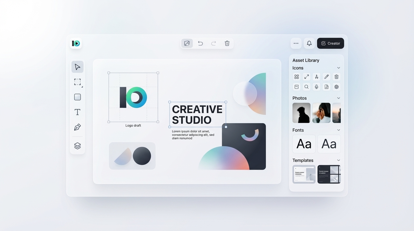 Inspo AI creator studio with canvas, toolbar, and asset library panels